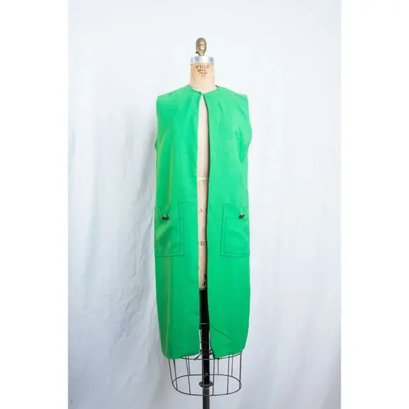 Vintage 60s Kelly Green Linen Blend Vest Duster w/ Pockets Mod Retro Bright, Med - Picture 5 of 10
